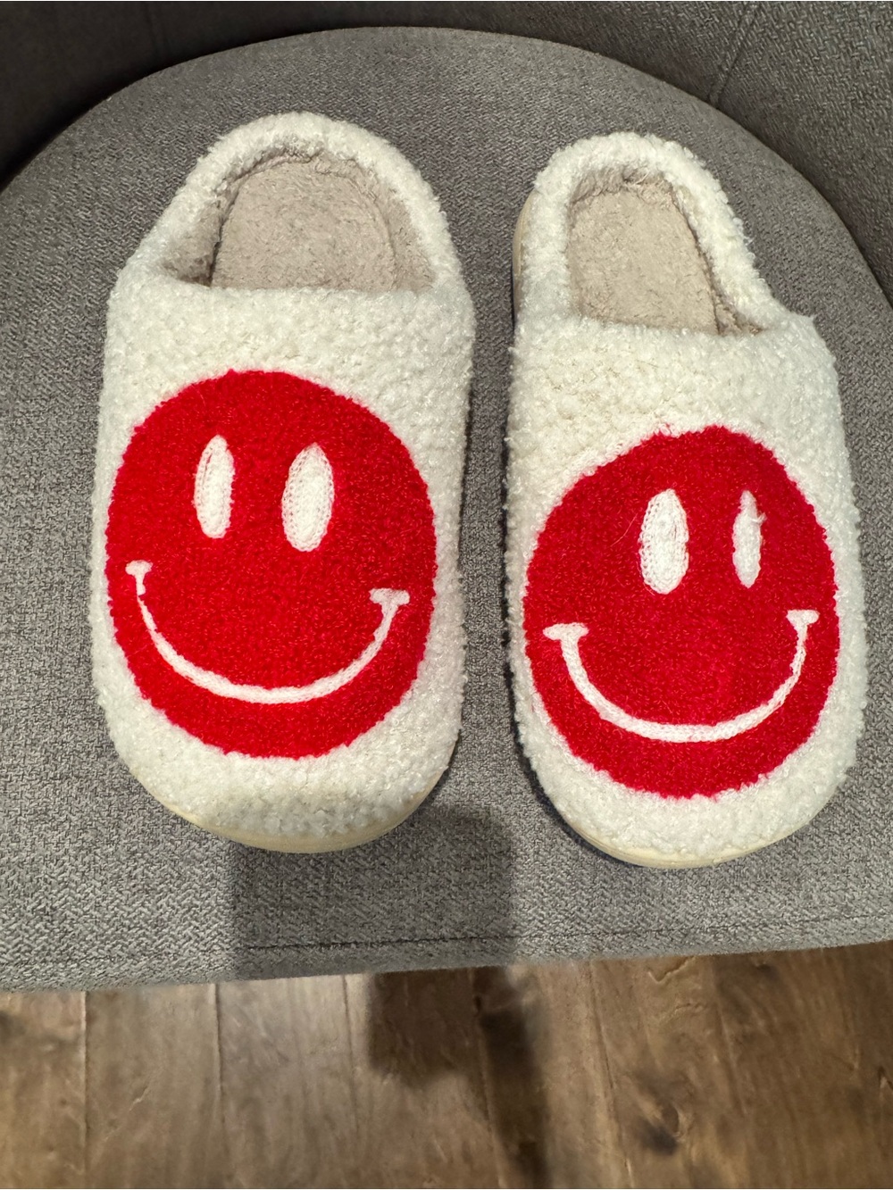 Pink Lily Cream Sherpa Slippers with Red Smiley Face